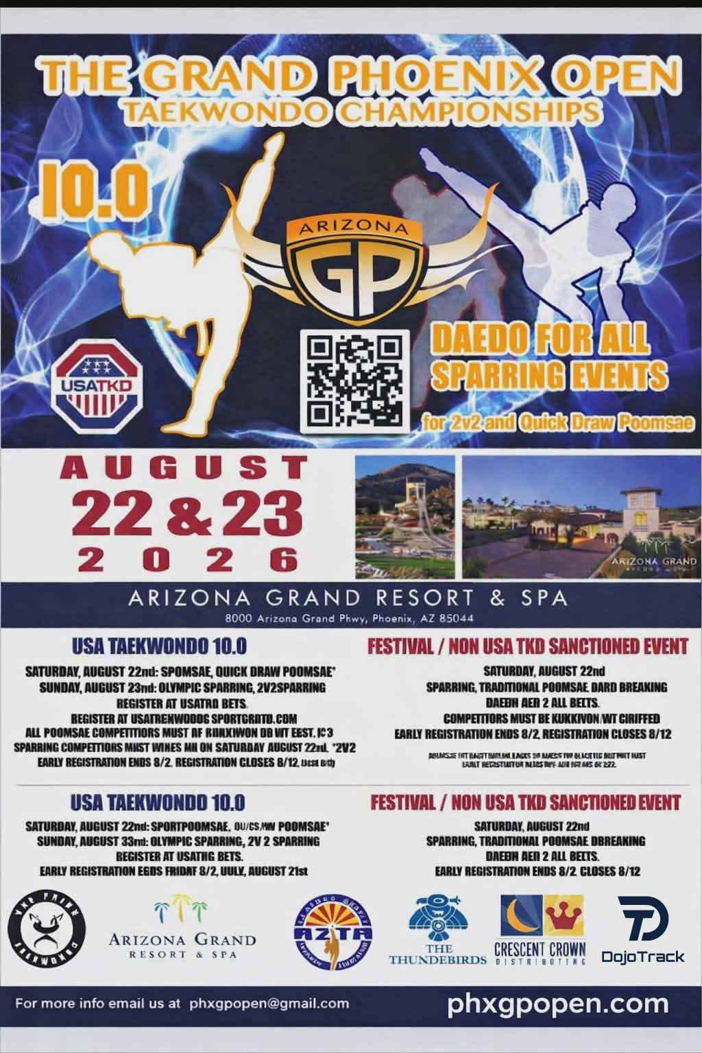 Grand Phoenix Open Taekwondo Championships official poster: August 22 and 23, 2026 at Arizona Grand Resort and Spa